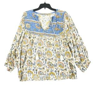 Lucky Brand Evelyn Peasant Blouse Women's L Boho Tassel Tie Neck Long Sleeve